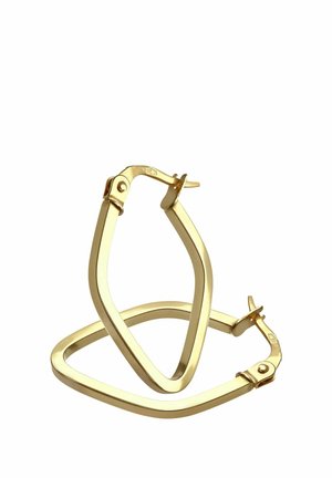 Orecchini a cerchio in tono oro con un design angolare e geometrico. Presentano una chiusura sicura e una superficie liscia e lucida.