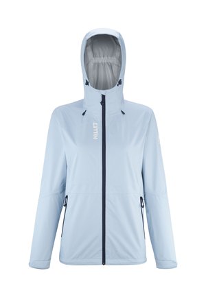 Helles Blaues Jacket mit einem Reißverschluss vorne, verstellbare Kapuze und zwei Seitentaschen. Hergestellt aus glattem Stoff mit lockerer Passform und minimalem Branding.