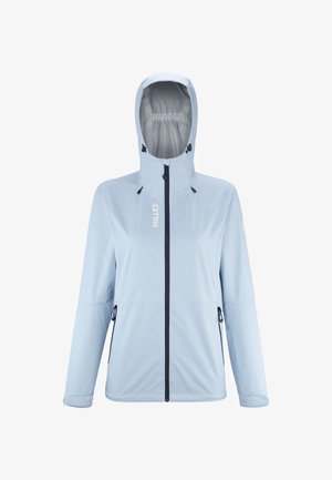 Light blue jacket with a front zipper, adjustable hood, and two side pockets. Made from smooth fabric with a relaxed fit and minimal branding.