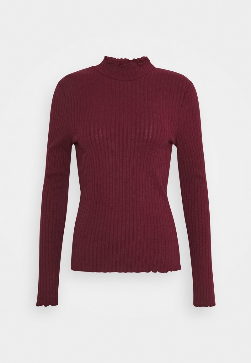 Burgunderfarbener, gerippter Rollkragenpullover mit langen Ärmeln, ausgestattet mit einem Rüschenkragen und strukturiertem Stoff. Eng anliegendes Design mit verkürztem Saum.