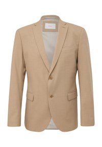 Beige jakkesætjakke med spids revers, to frontknapper, en brystlomme og sidelommer; tekstureret stof, delvist foret indre.