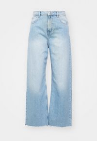 Light blue wide-leg jeans made of denim, featuring a high waist, fading details, a button closure, and raw hem at the bottom.