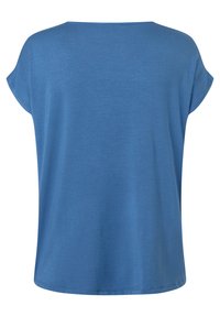Blaues Kurzarmoberteil mit lockerer Passform, aus weichem Stoff gefertigt. Rundhalsausschnitt, glatte Textur und abgerundeter Saum am unteren Rand.
