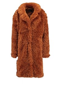 Lang, oversized frakke lavet af blødt, korthåret orange stof. Har en bred krave og løstsiddende ærmer, som giver et hyggeligt udseende.