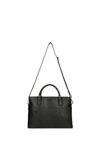 Schwarze Lederhandtasche mit strukturierter Oberfläche, oberen Griffen und abnehmbarem Schulterriemen. Verfügt über ein schlankes, rechteckiges Design und dezente Akzente.