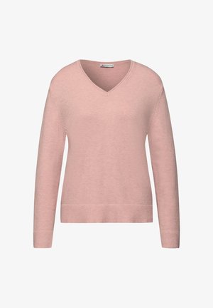 Suéter de V con cuello en rosa suave, de manga larga, con puños y dobladillo acanalados, hecho de una tela de punto ligera. Diseño simple y sin costuras.