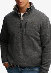 Grijze fleece pullover met een hoge kraag, halve rits en een klein logo-opdruk. Draagt over een geruite shirt met zichtbare mouwen en manchet.