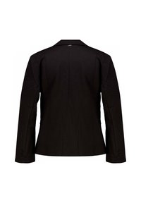 Blazer noir en tissu texturé, avec un col cranté, des manches longues et des accents de bouton aux poignets. Le dos est uni avec des détails de couture.