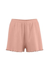 Helle rosa gerippte Shorts mit einer gewellten Saumlänge und einem elastischen Taillenbund, die ein strukturiertes Muster im gesamten Stoff aufweisen.