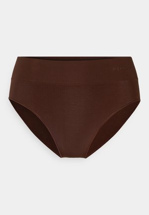 Brown high-waisted underwear made of smooth fabric. Features a seamless design and subtle branding on the waistband. Soft texture.