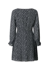 Marineblaue Blümchenkleid mit langen Ärmeln, gerafftem Bund und Rüschenärmeln. Das Kleid hat ein kleines weißes Blumenmuster auf dem Stoff.