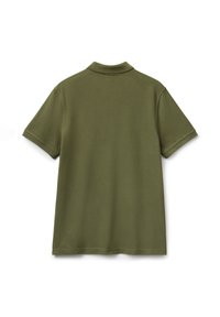 Olivově zelená polokošile s krátkým rukávem, zobrazená ze zadní strany, s vroubkovaným límcem a rovním lemem na bílém pozadí.