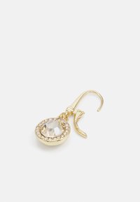 Gold-tone earring featuring a central clear gem encircled by smaller crystals, with a hook clasp design. Smooth texture, round shape.