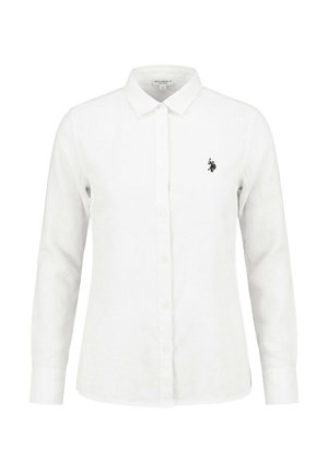 Weißes langärmeliges Hemd mit Knöpfen, Kragen, Slim Fit und kleinem schwarzem, besticktem Polo-Spieler-Logo auf der linken Brust.