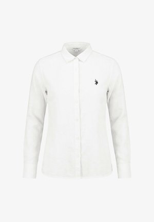 Weißes langärmeliges Hemd mit Knöpfen, Kragen, Slim Fit und kleinem schwarzem, besticktem Polo-Spieler-Logo auf der linken Brust.