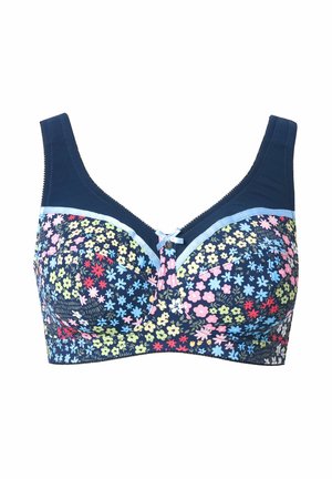 Reggiseno a fantasia floreale con base blu navy, fiori ricamati in rosa, giallo e blu. Presenta spalline larghe e una fascia accentuata azzurro chiaro.