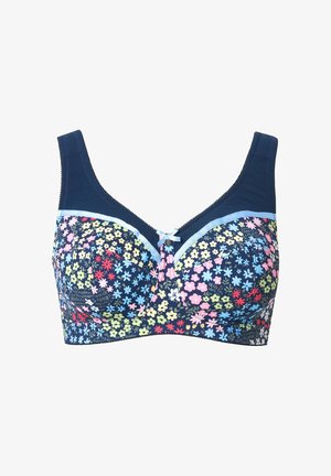 Floral-patterned bra with navy base, embroidered flowers in pink, yellow, and blue. Features wide straps and a light blue accent band.