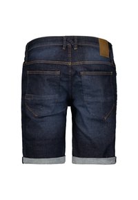 Donkerdenim shorts met een omgeslagen zoom, voorzien van achterzakken, gele stiksels en een leren label in het bruin op de tailleband.