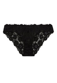 Sous-vêtements en dentelle noire avec un motif floral, des bords festonnés et une texture semi-transparente, conçus pour un style ajusté.