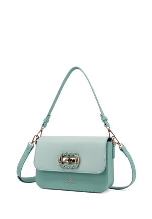 Borsa a tracolla in pelle verde menta con fibbia dorata a forma di corda, tracolla rimovibile e manico superiore. Forma rettangolare compatta con chiusura a patta.