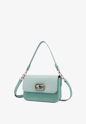 Borsa a tracolla in pelle verde menta con fibbia dorata a forma di corda, tracolla rimovibile e manico superiore. Forma rettangolare compatta con chiusura a patta.