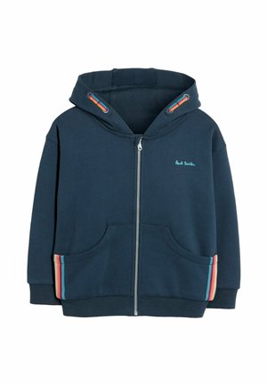 Jūrinės spalvos zip-up megztinis, pagamintas iš medvilnės, su dviem priekinėmis kišenėmis su daugiakampėmis dryžuotomis detalėmis ir suapvalintu gobtuvu. Included Paul Smith logotipas.