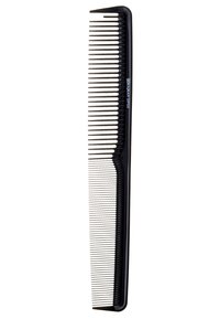 Black plastic comb with fine teeth on one side and wider teeth on the other. Long, slim design with a smooth texture and no patterns.
