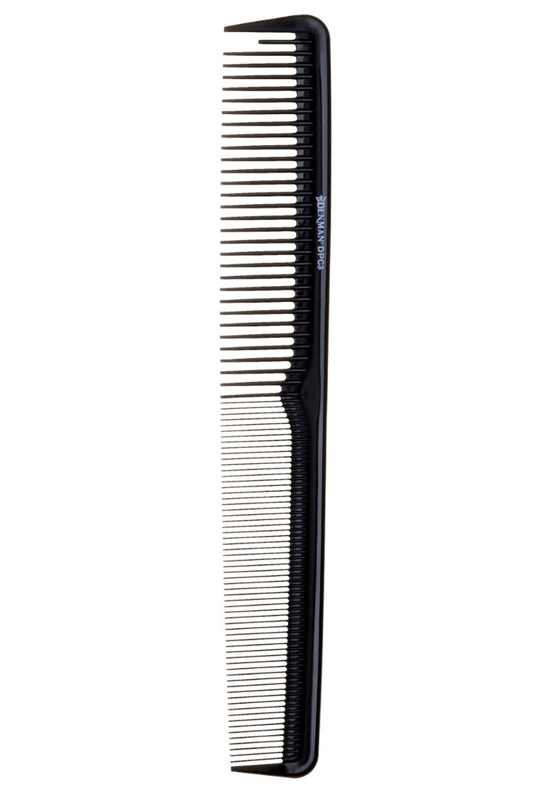 Black plastic comb with fine teeth on one side and wider teeth on the other. Long, slim design with a smooth texture and no patterns.