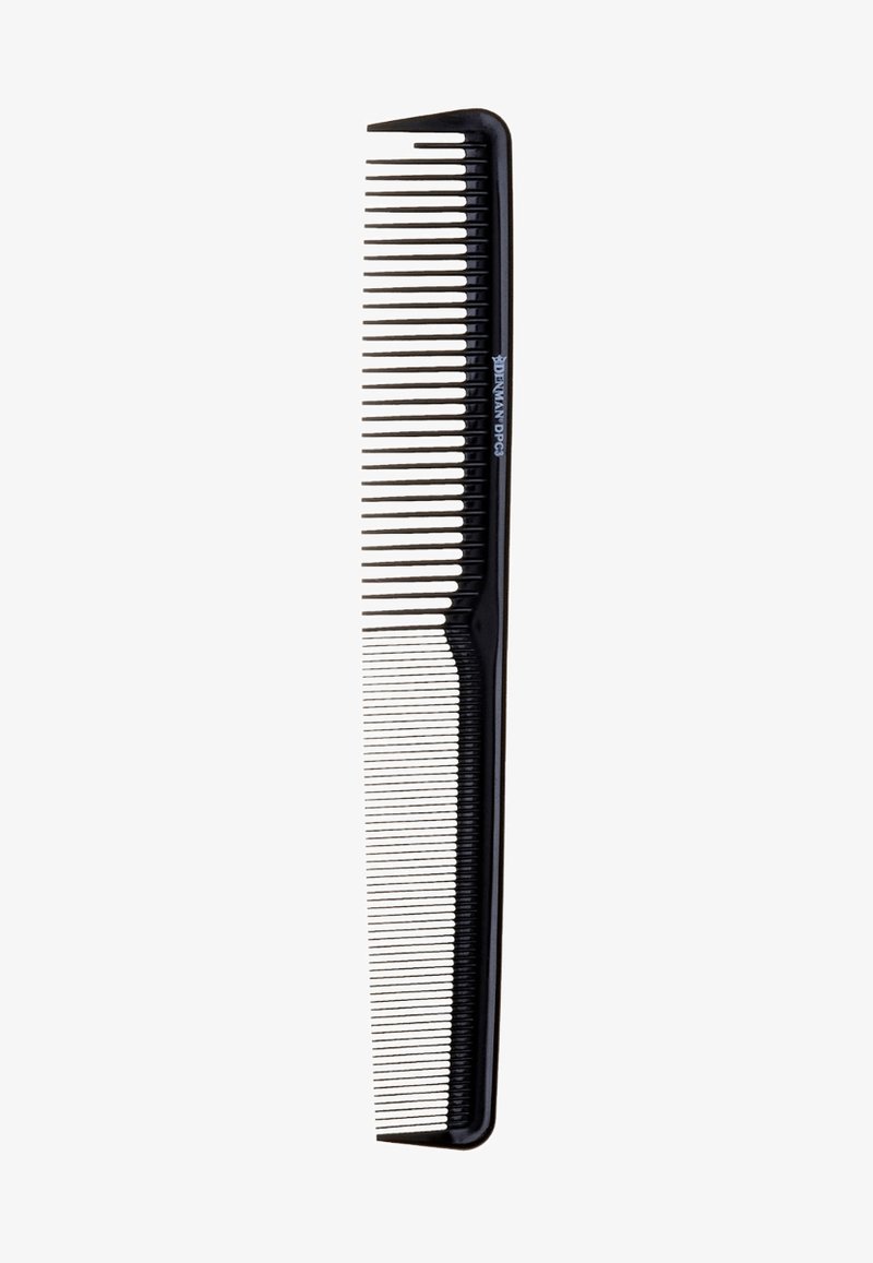 Black plastic comb with fine teeth on one side and wider teeth on the other. Long, slim design with a smooth texture and no patterns.