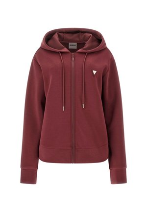 Bordeauxkleurige zipper hoodie met trekkoorden, lange mouwen, een klein driehoekig logo op de borst en een rits aan de voorkant.