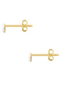 Aukso spalvos auskarai su svyravimo dizainu ir balto emalio akcentais. Paprasta forma su lygaus paviršiaus tekstūra ir minimalistiniu estetikos pojūčiu.