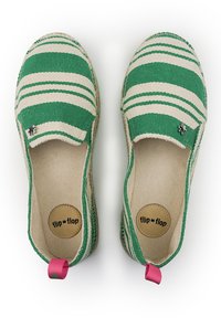 Green and cream striped canvas espadrilles with a round toe and jute sole. Features a small logo and pink heel tab.