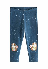 Tengerészkék leggings fehér pöttyökkel, hímzett tengerimalacokkal és virágokkal mindkét térdén. Puha, rugalmas pamut anyag.
