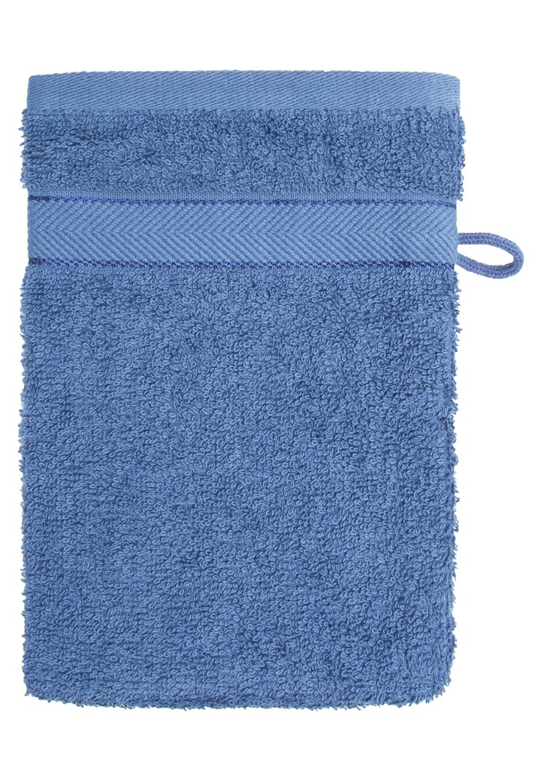 Asciugamano in cotone blu con superficie testurizzata, dotato di una fascia superiore solida e un gancio per appenderlo. Misura circa 30 x 50 cm.