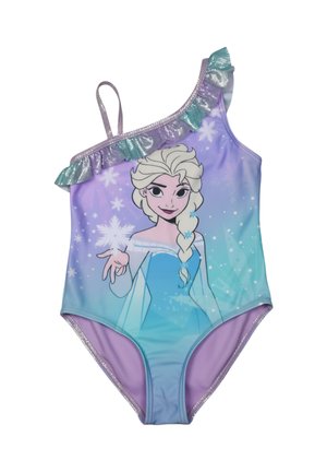 Mädchen-Ein-Schulter-Badeanzug mit gerafftem Träger, mit einem blauen und violetten Farbverlauf und einer Cartoon-Eiskönigin mit Schneeflocken.