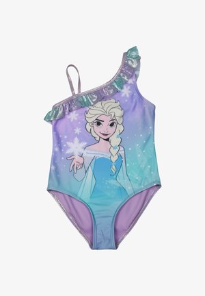 Costume da bagno monospalla per ragazze con spallina arricciata, caratterizzato da un gradiente blu e viola e una regina dei ghiacci in stile cartone animato con fiocchi di neve.