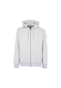 Lichtgrijze rits hoodie met een trekkoord capuchon, ribgebreide manchetten en tailleband. Glad oppervlak en minimalistisch ontwerp met logo detail op de mouw.