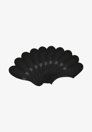 Schwarze Einlegesohlen in Fächerform, aus einem Stoffmaterial gefertigt. Jede Einlegesohle hat eine abgerundete Zehenpartie und ein Logo an der Seite.