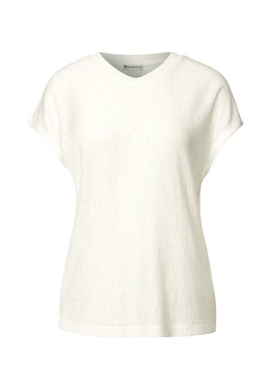 White short-sleeve top with a V-neck, featuring a textured pattern and relaxed fit. Made from lightweight fabric.