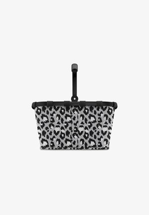 Panier en tissu gris avec un motif imprimé léopard noir, équipé d'une poignée et d'un matériel noir pour un transport sécurisé. Design robuste et structuré.
