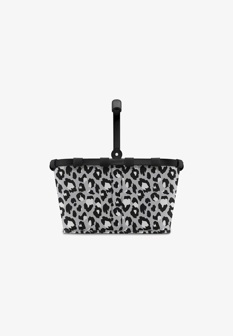 Grijze stoffen mand met een zwart luipaardprint patroon, voorzien van een zwarte handgreep en hardware voor veilige draagbaarheid. Stevige en gestructureerde vormgeving.