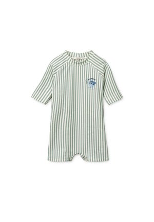 Kortærmet romper med striber i grøn og hvid, der har en rund krave, en frontlomme med en tegneserieansigt og trykknapper i bunden.
