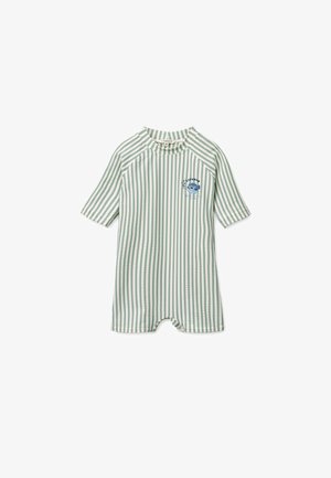 Krótki kombinezon w paski w kolorze zielonym i białym, z okrągłym kołnierzykiem, przednią naszywką z kreskówkową twarzą oraz zatrzaskami na dole.