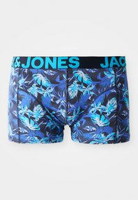 Blauw bloemenpatroon zwemshorts met een zwarte elastische tailleband waarop "JACK & JONES" in lichtblauwe tekst staat. Gemaakt van rekbaar materiaal.