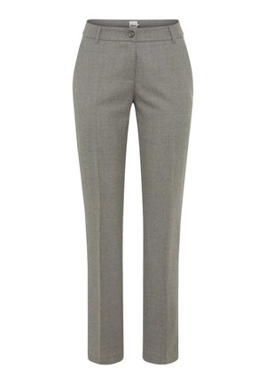 Pantalons gris ajustés avec une coupe droite, fermeture à bouton, poches avant et un tissu légèrement texturé.