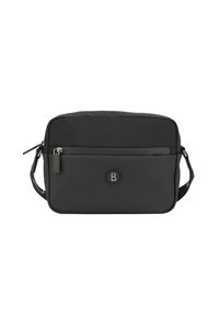 Čierna taška cez plece s textúrovaným vrchom, hladkým dnom, zipsovým uzáverom, nastaviteľným ramienkom a výrazným logom embosovaným na prednej strane.