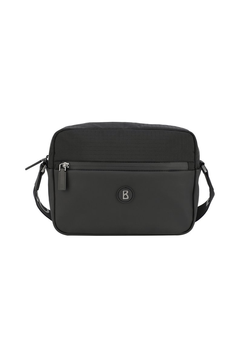 Čierna taška cez plece s textúrovaným vrchom, hladkým dnom, zipsovým uzáverom, nastaviteľným ramienkom a výrazným logom embosovaným na prednej strane.