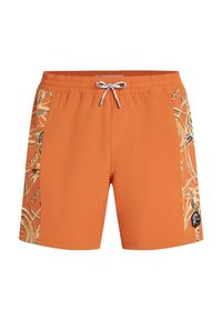 Oranžové plavkové šortky s elastickým pásom a vnútornou šnúrkou. Majú bočné panely s kvetinovými vzormi a logom značky na leme.