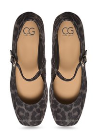 Black suede Mary Jane shoes with a leopard print pattern, smooth texture, round toe, and an adjustable strap with silver buckle.