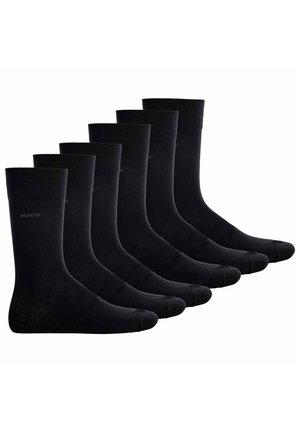 Schwarze Baumwollsocken, Set aus sechs; gerippte Textur, knielange Ausführung, verstärkte Fußspitze und Ferse, dezente Markenkennzeichnung an der Seite.